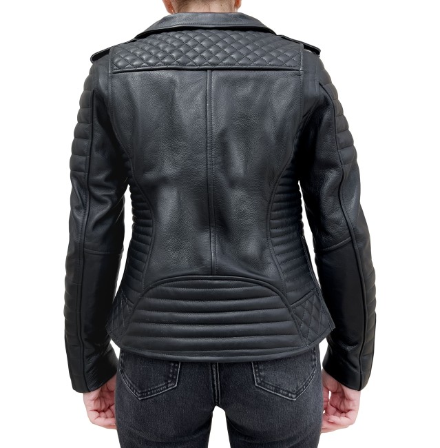 Brookyln Biker Black Armoured Motorcycle Leather Jacket Woman - Thumbnail