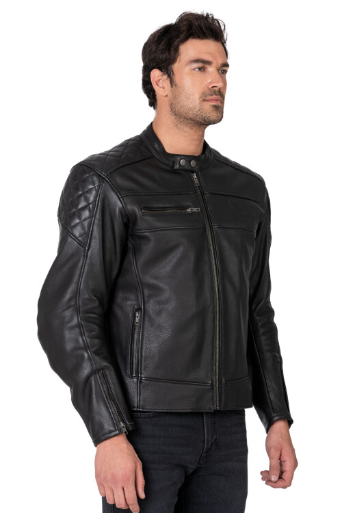 Hawk Black Korumalı Motosiklet Deri Montu Erkek - The Biker Jeans
