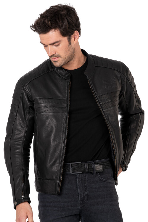 Retro Black Korumalı Motosiklet Deri Montu Erkek - 10