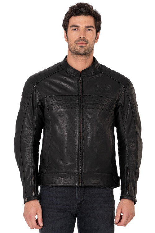 Retro Black Korumalı Motosiklet Deri Montu Erkek - 2