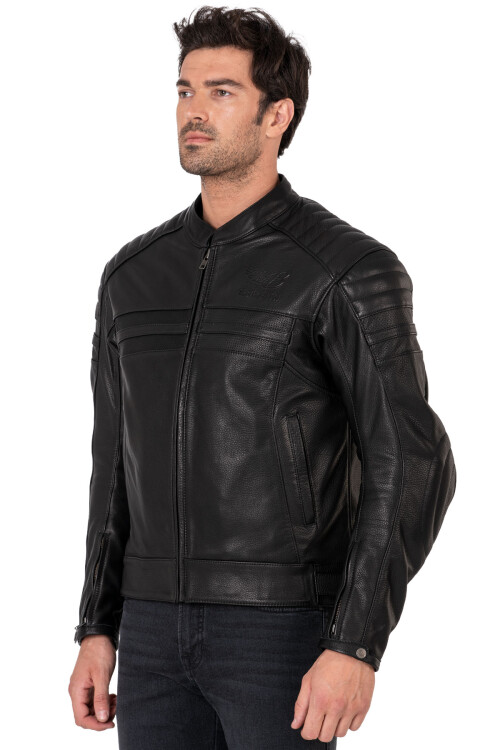 Retro Black Korumalı Motosiklet Deri Montu Erkek - 4