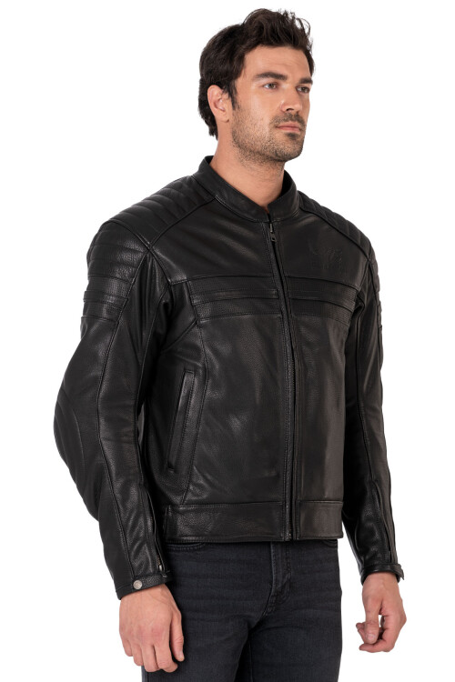 Retro Black Korumalı Motosiklet Deri Montu Erkek - The Biker Jeans