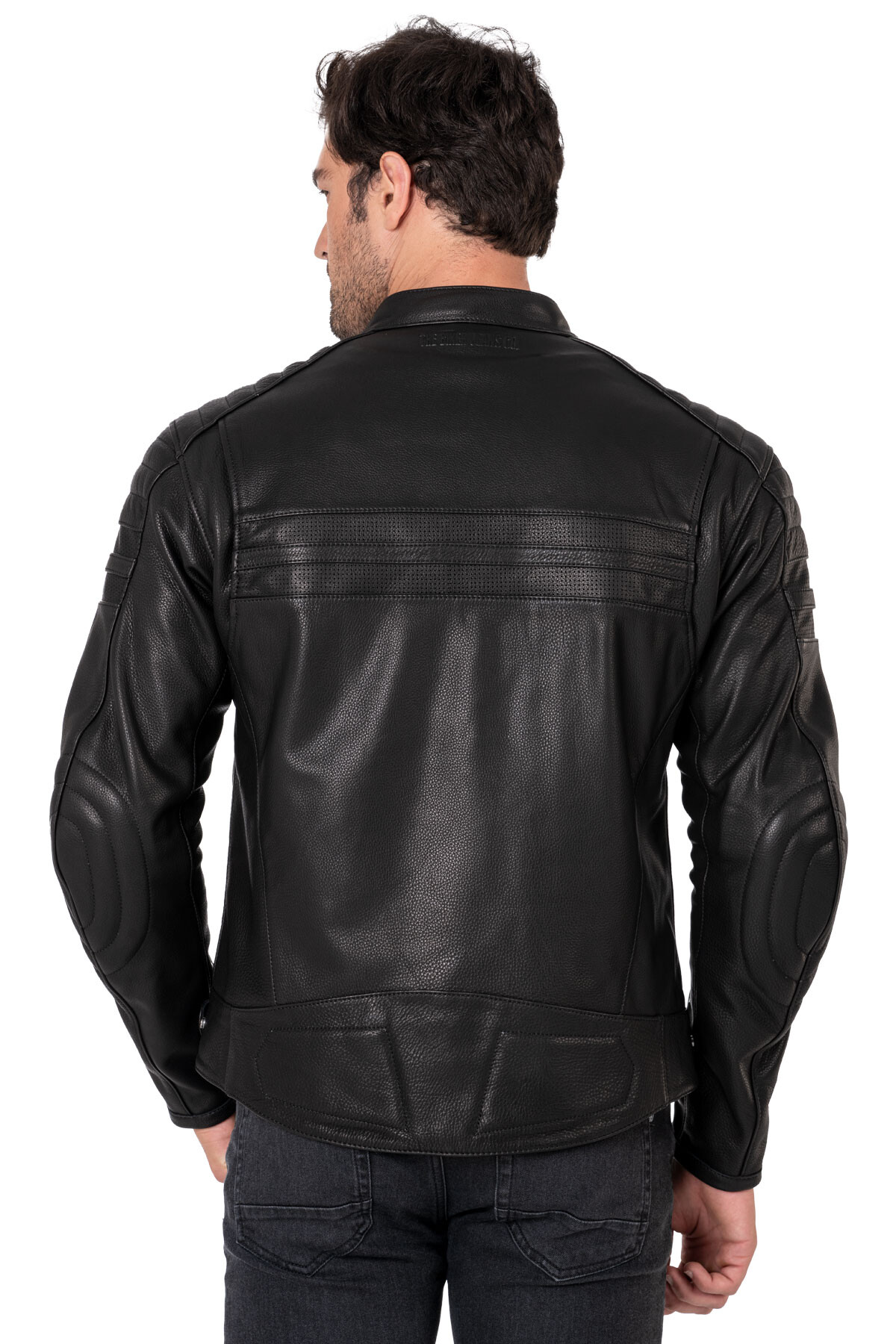 Retro Black Korumalı Motosiklet Deri Montu Erkek - 5