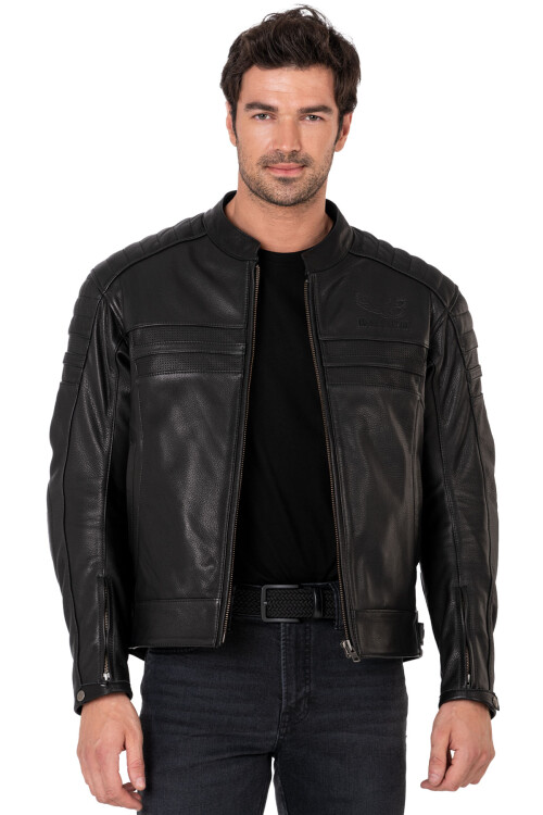 Retro Black Korumalı Motosiklet Deri Montu Erkek - 3