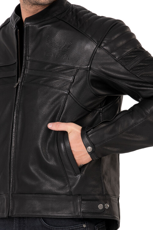 Retro Black Korumalı Motosiklet Deri Montu Erkek - 11
