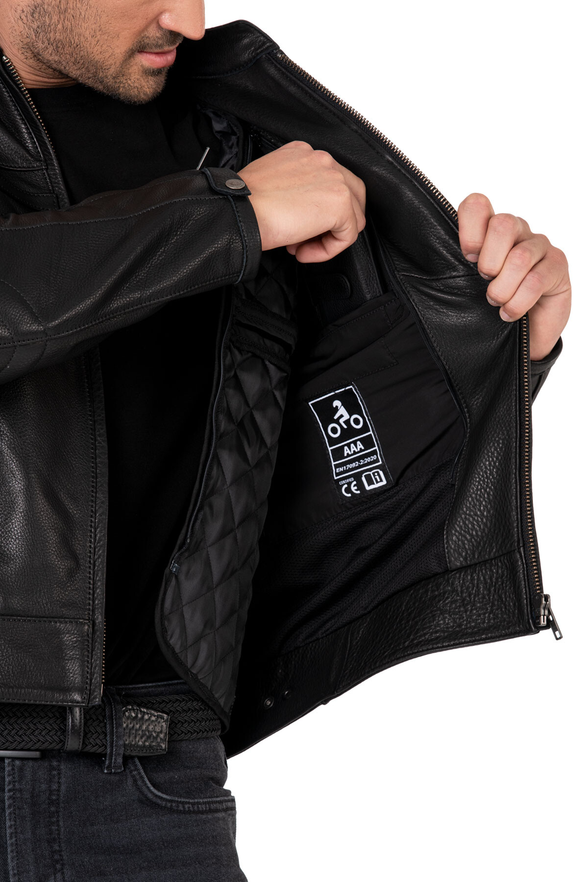 Retro Black Korumalı Motosiklet Deri Montu Erkek - 12