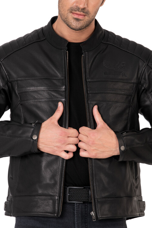 Retro Black Korumalı Motosiklet Deri Montu Erkek - 14
