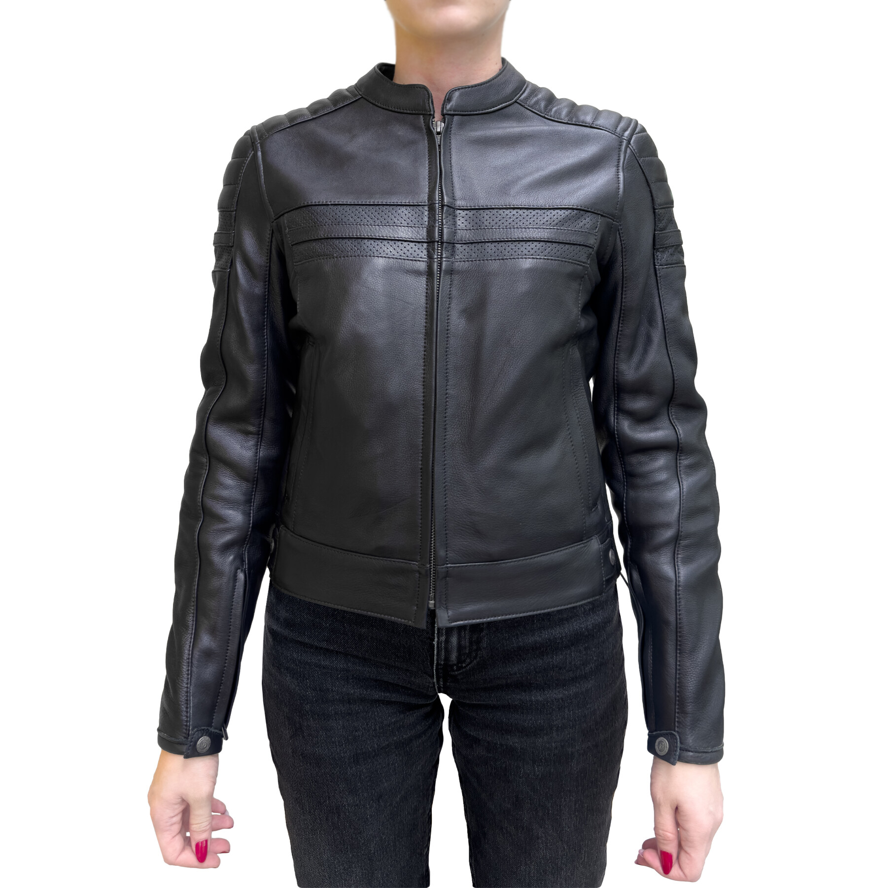 Retro Black Korumalı Motosiklet Deri Montu Kadın