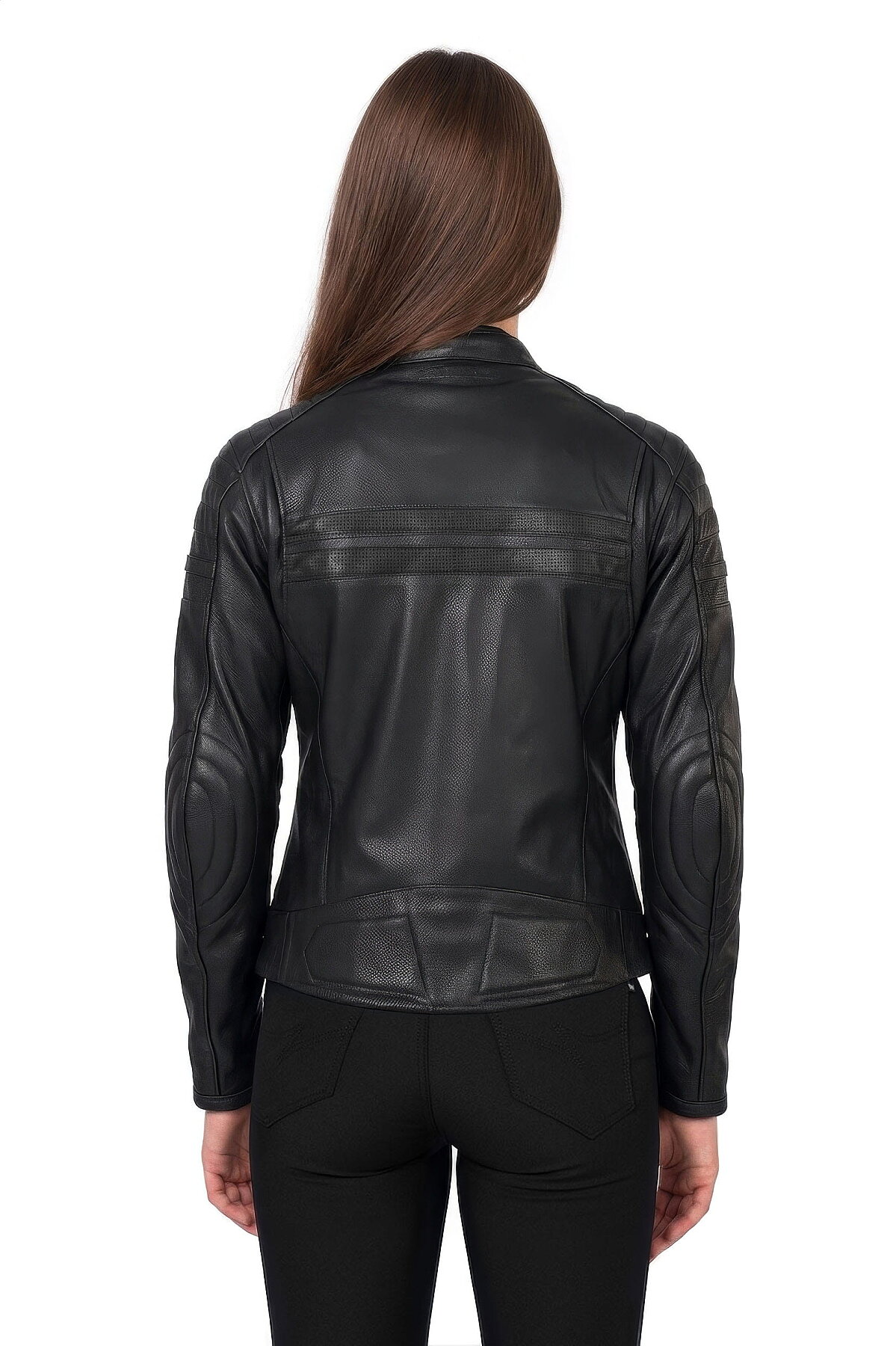 Retro Black Korumalı Motosiklet Deri Montu Kadın - 2