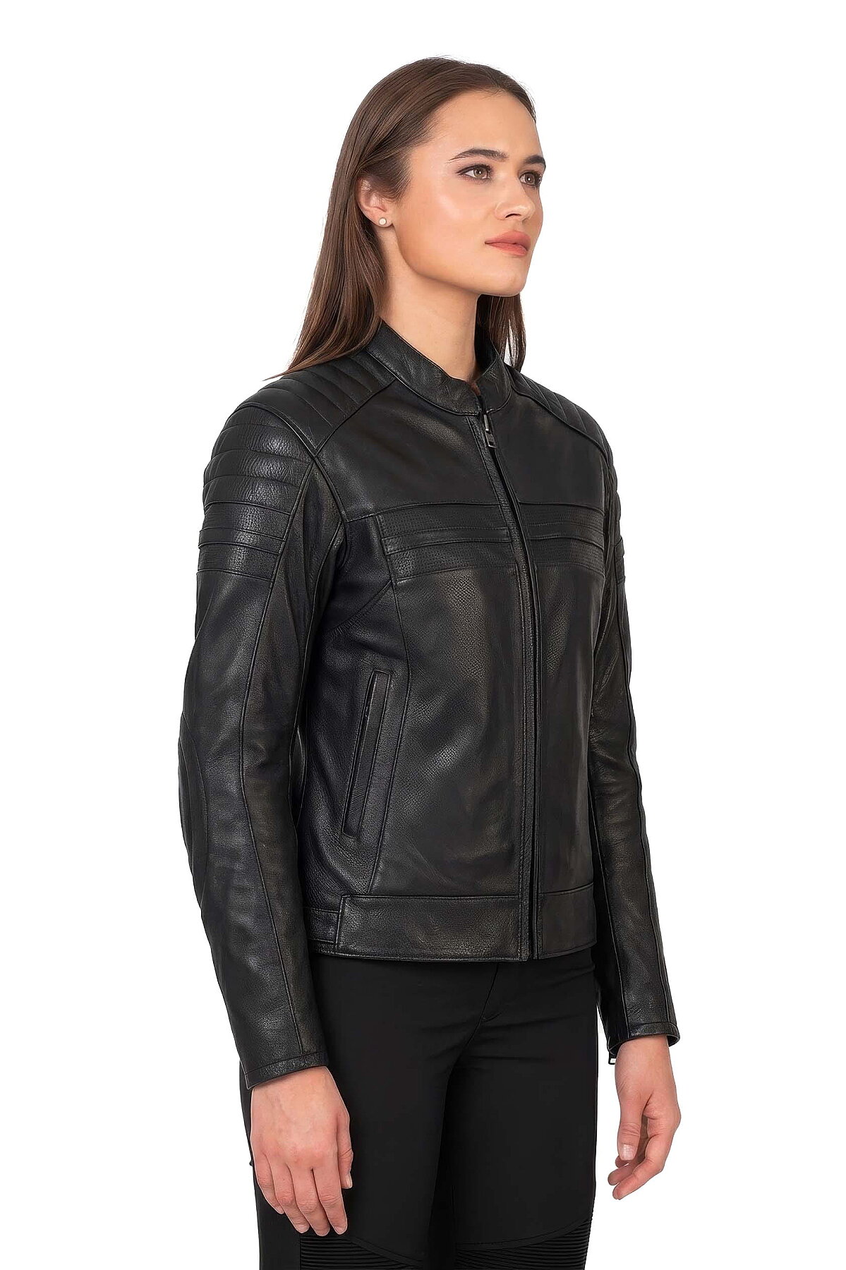 Retro Black Korumalı Motosiklet Deri Montu Kadın - 1