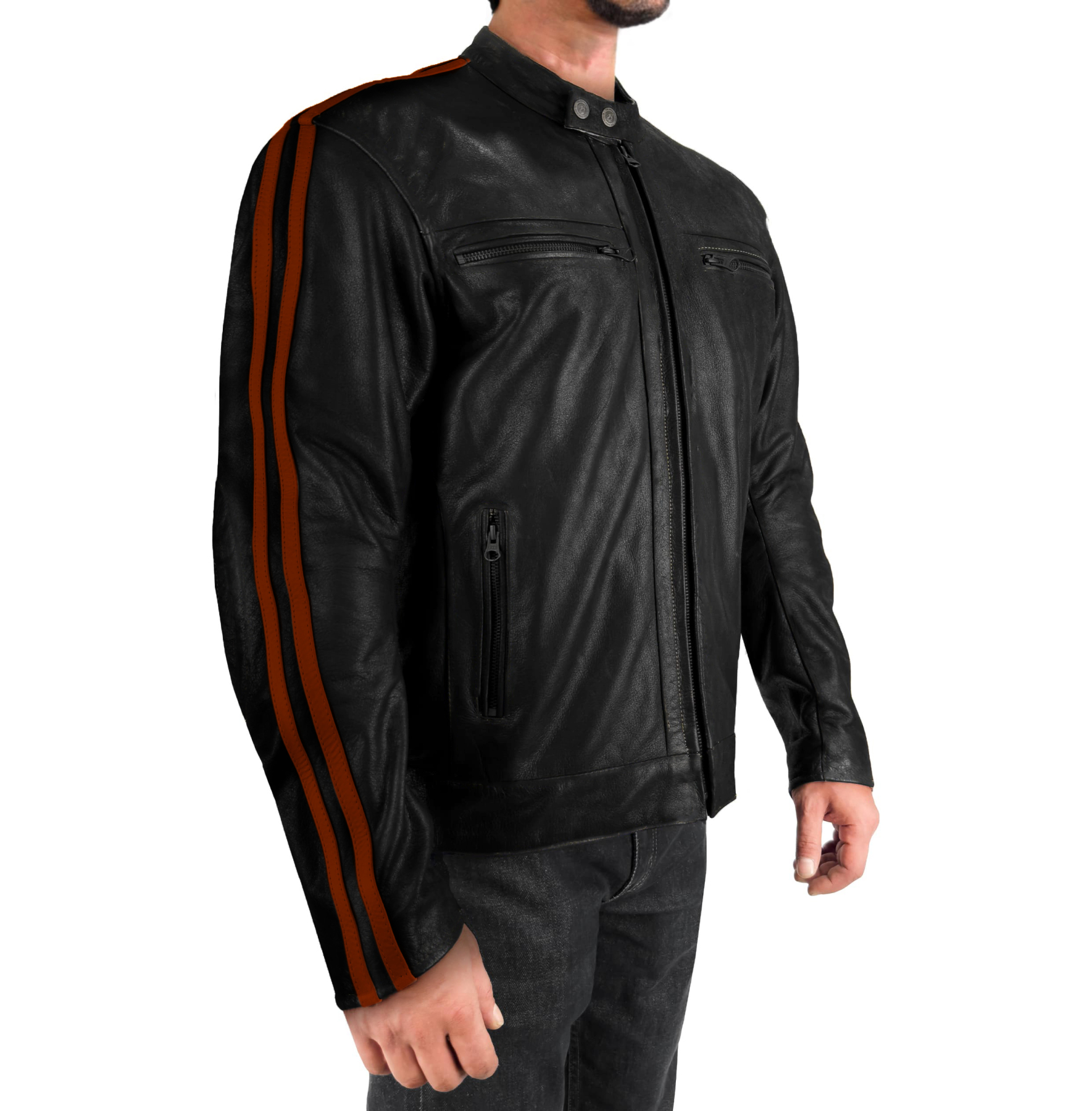 Retro Stripe Brown Korumalı Motosiklet Deri Montu Erkek - 1