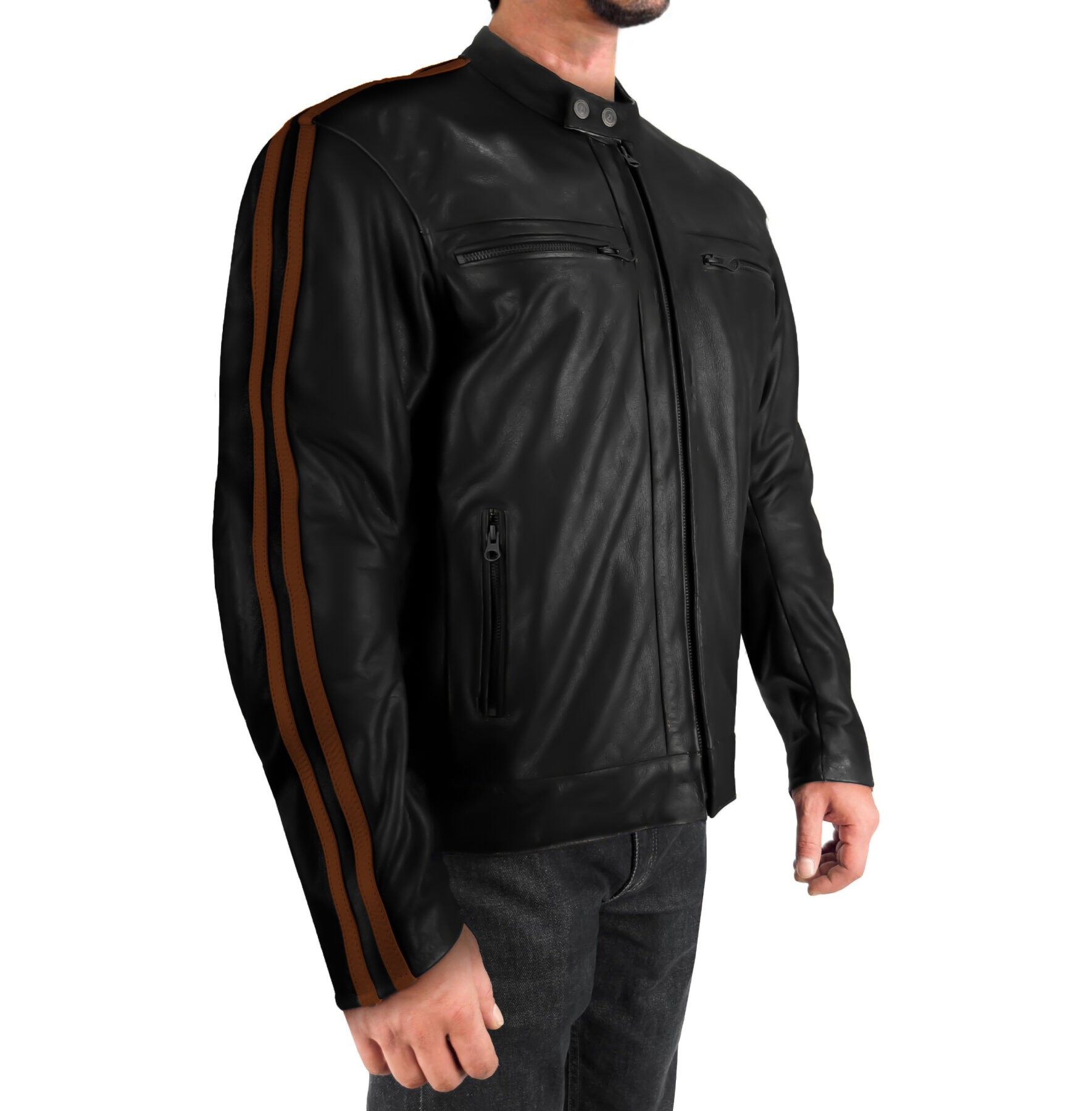 Retro Stripe Brown Korumalı Motosiklet Deri Montu Erkek - 1