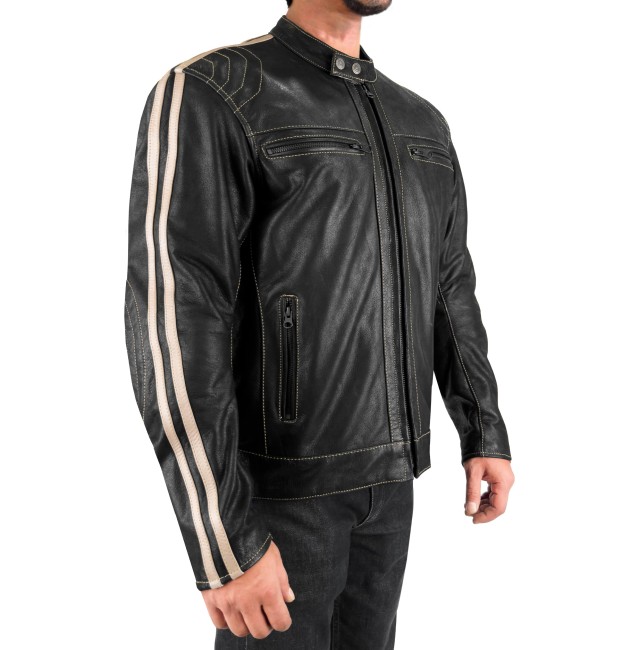 The Biker Jeans - Retro Stripe Wax Black Armoured Motorcycle Leather Jacket