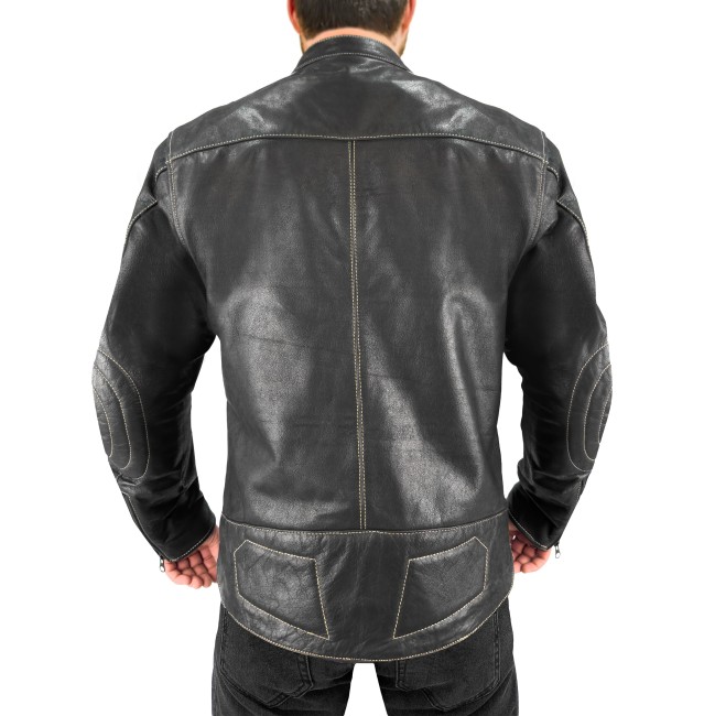 Retro Stripe Wax Black Armoured Motorcycle Leather Jacket - Thumbnail