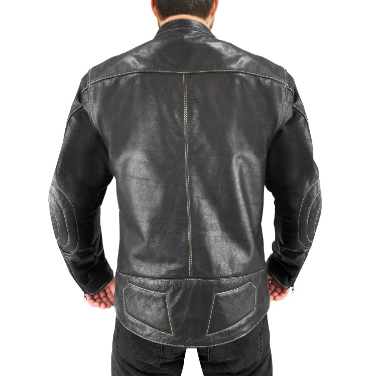 Retro Stripe Wax Black Armoured Motorcycle Leather Jacket - 2