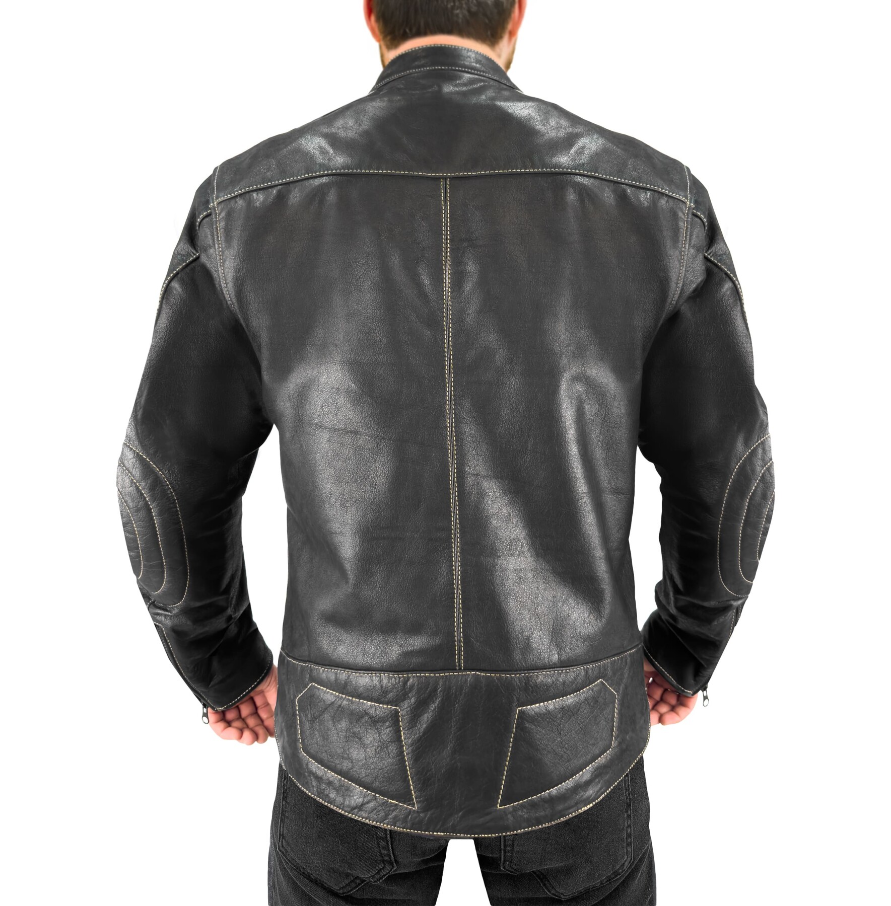 Retro Stripe Wax Black Armoured Motorcycle Leather Jacket - 2