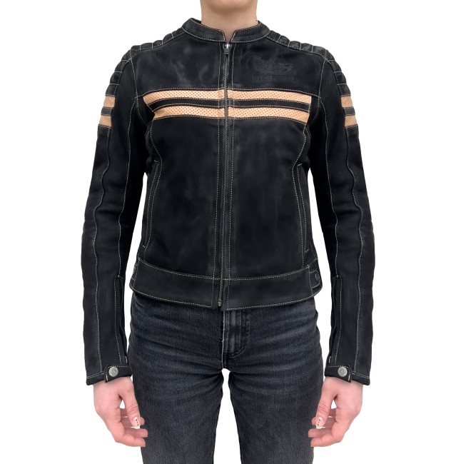 Retro Wax Black Armoured Motorcycle Leather Jacket Woman - Thumbnail