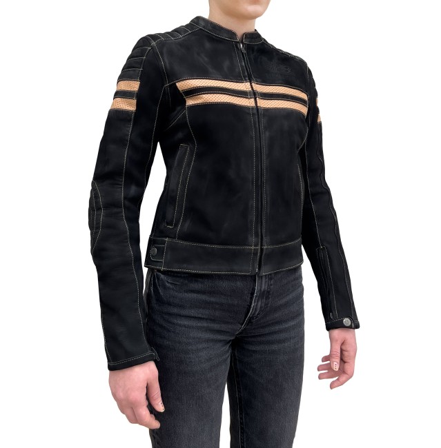 Retro Wax Black Armoured Motorcycle Leather Jacket Woman - Thumbnail