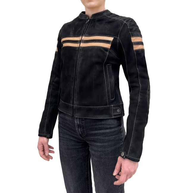 Retro Wax Black Armoured Motorcycle Leather Jacket Woman - Thumbnail