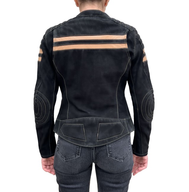 Retro Wax Black Armoured Motorcycle Leather Jacket Woman - Thumbnail