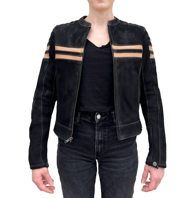 Retro Wax Black Armoured Motorcycle Leather Jacket Woman - Thumbnail