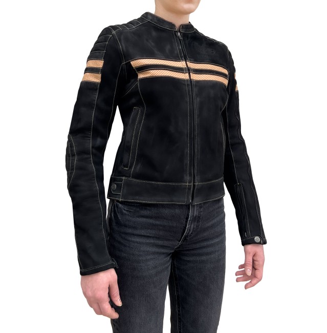 Retro Wax Black Korumalı Motosiklet Deri Montu Kadın - The Biker Jeans