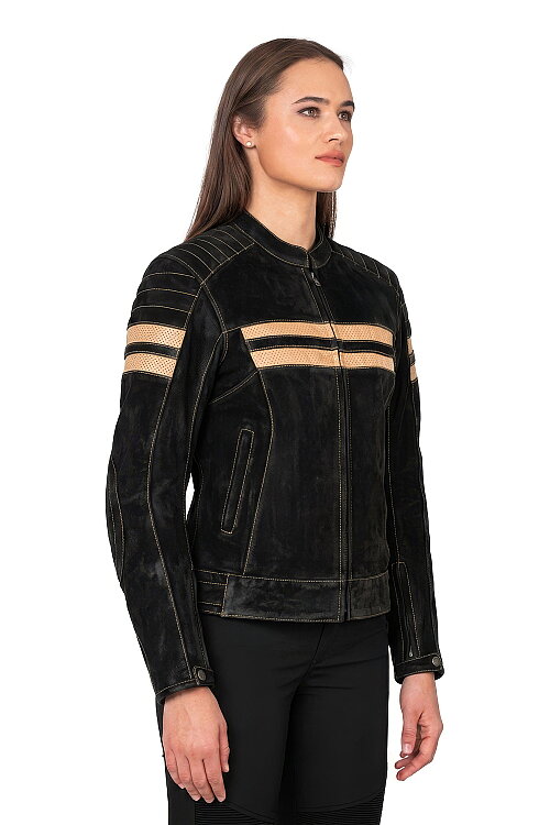 Retro Wax Black Korumalı Motosiklet Deri Montu Kadın - The Biker Jeans