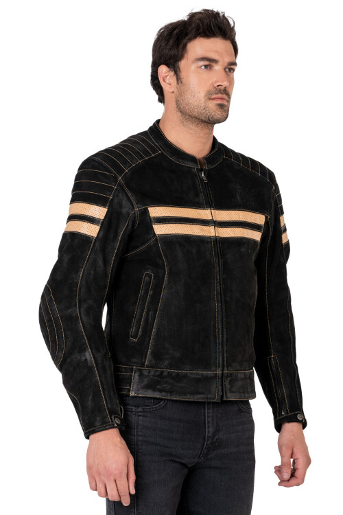 Retro Wax Black Korumalı Motosiklet Deri Montu Erkek - The Biker Jeans