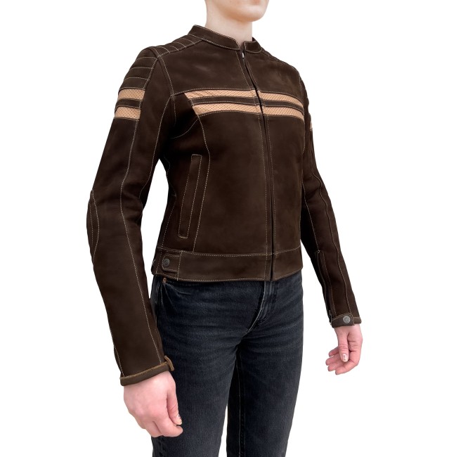Retro Wax Brown Armoured Motorcycle Leather Jacket Woman - Thumbnail