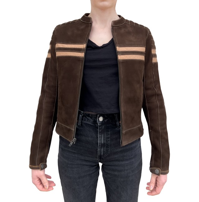 Retro Wax Brown Armoured Motorcycle Leather Jacket Woman - Thumbnail
