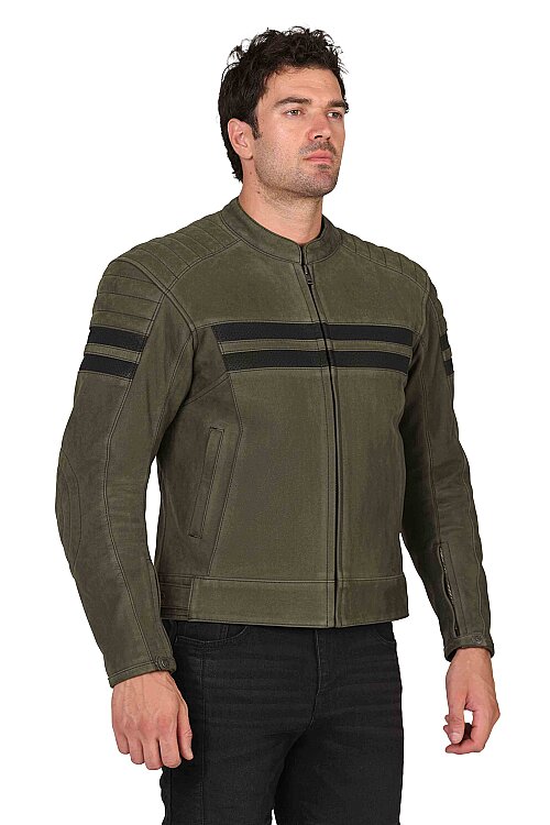 Retro Wax Khaki Korumalı Motosiklet Deri Montu Erkek - The Biker Jeans