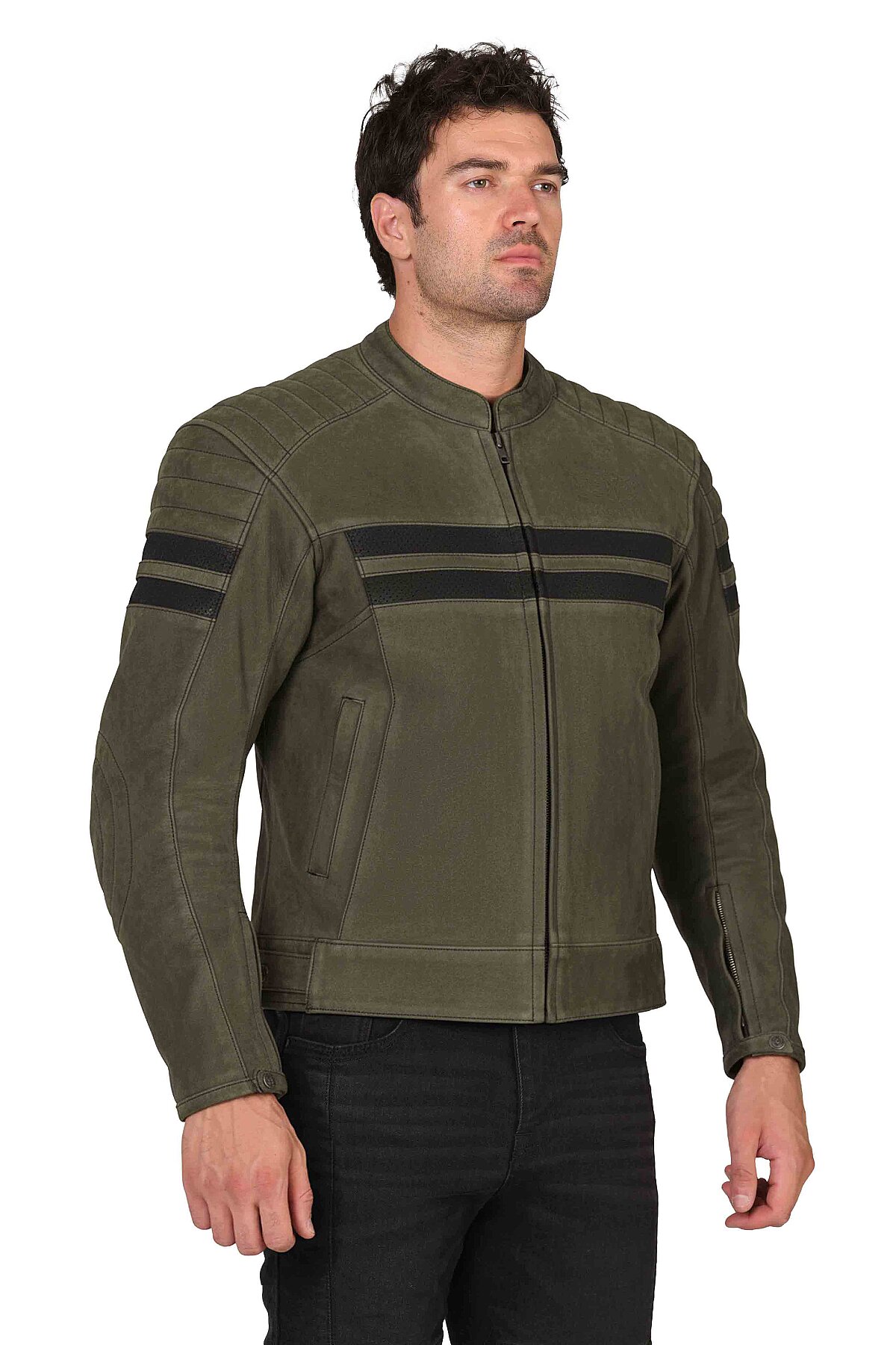 Retro Wax Khaki Korumalı Motosiklet Deri Montu Erkek - 1